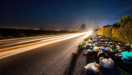 Garbage litters the roadside at night, spotlighting pollution concerns.の素材