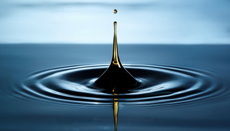 A droplet makes ripples in calm water, showcasing pollution of reservoir.の素材