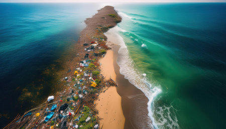 Trash covers the coastal area, showing the need for waste sorting and conservation.の素材