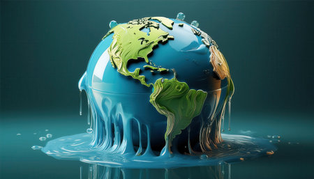 Melting globe symbolizes urgent need for waste sorting and Earth Day conservation efforts.の素材
