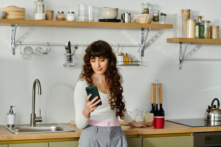 In a bright kitchen, a young woman smiles while happily scrolling her smartphone.のeditorial素材