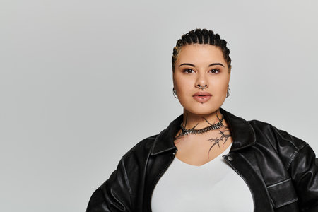 A young woman wearing trendy leather attire confidently poses in a simple backdrop, exuding style.のeditorial素材