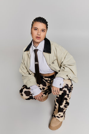Young trendsetter confidently poses in a chic outfit with unique patterns and style.のeditorial素材