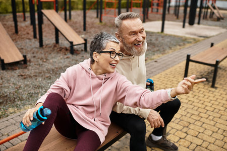 A loving couple shares laughter in the park, creating cherished memories together.の写真素材