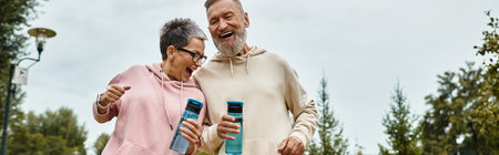 A mature couple enjoys a playful walk together in the park, smiling and holding water bottles close.の写真素材