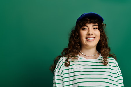 A young woman with curly hair confidently shows off her trendy outfit in a bright setting.の写真素材
