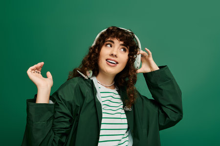 A stylish young woman joyfully wears headphones against a vibrant green backdrop.
