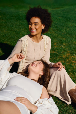 Two confident females enjoy a playful moment in the park amidst the vibrant spring scenery.