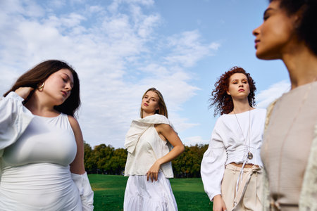 Four stylish women showcase their chic outfits while enjoying nature on a sunny spring day.の写真素材