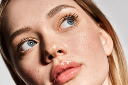 A young woman with striking blue eyes confidently showcases her chic spring fashion.の写真素材
