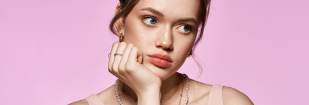 Elegant young woman poses thoughtfully, showcasing her trendy accessories and attire.の写真素材