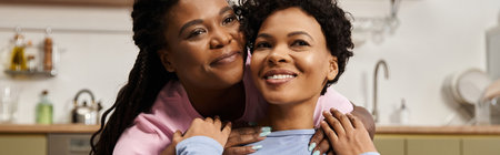 Two loving women embrace each other, sharing a joyful moment of togetherness in the kitchen.の写真素材