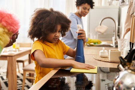 A family joyfully bonds as they doing kitchen cleaning.の写真素材