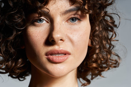 Captivating young woman with curly hair showcases her natural beauty and striking features.の写真素材