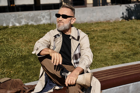 Stylish senior man enjoys a moment of relaxation in a modern urban park surrounded by city lifeの写真素材