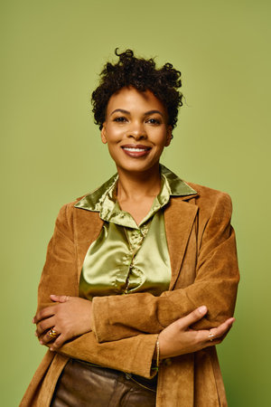 A beautiful woman in a chic outfit smiles confidently with arms crossed against a green backdrop.の写真素材