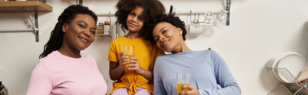 A loving family shares laughter and drinks while enjoying time together in their cozy kitchen.の写真素材