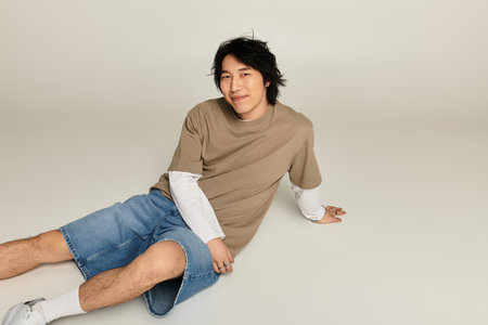 Handsome young Asian man sits comfortably on the floor, showcasing modern urban fashion.のeditorial素材