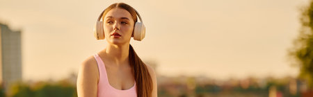 Focused young woman wears headphones as she prepares for her workout in a vibrant outdoor settingの写真素材