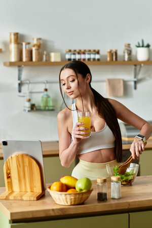A fit young woman mixes a vibrant salad while sipping a refreshing drink, enjoying cooking.の写真素材