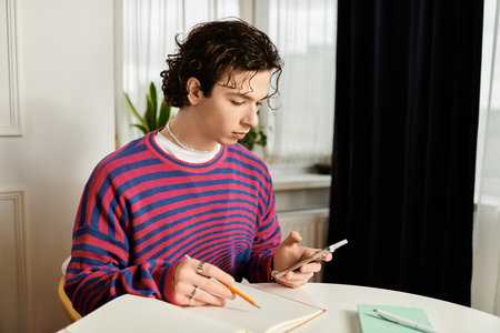 In a sleek apartment, a young non-binary person with curly hair focuses on a notebook.のeditorial素材