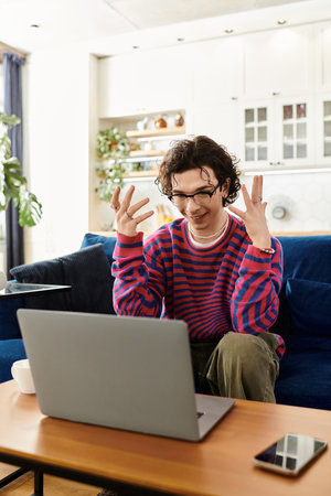A young non binary person with curly hair engages in an animated conversation at home.