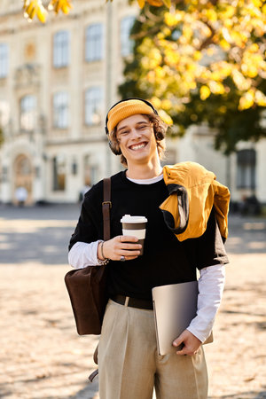 A young man smiles with a coffee and laptop on a university campus amid autumn leaves.のeditorial素材
