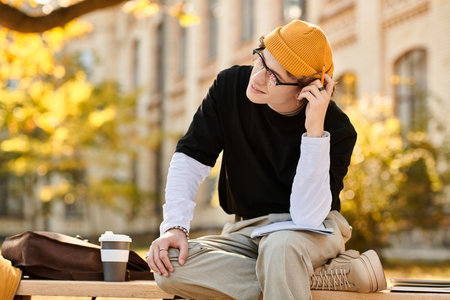 A stylish man sits pensively outside, surrounded by golden autumn leaves, studying.のeditorial素材