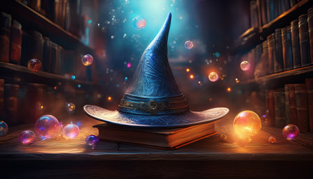 A blue wizard hat lies on an old book surrounded by colorful orbs of light in a mystical library.の素材