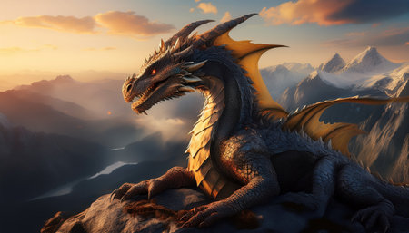 A powerful dragon overlooks a vast landscape, basking in the warm glow of sunset.の素材