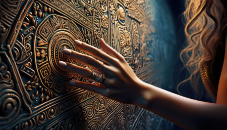 A gentle hand touches an intricately carved wall, discovering wonders in a magical realm.の素材