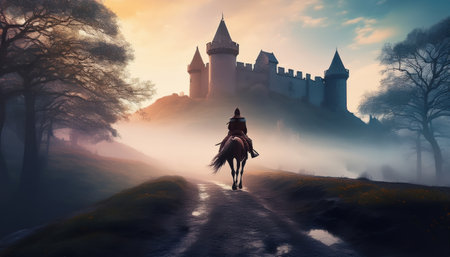 A mysterious rider on horseback ventures toward a grand castle enveloped in morning mist.の素材