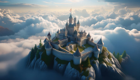 A grand castle rises high above the clouds, surrounded by mystical peaks and endless sky.の素材