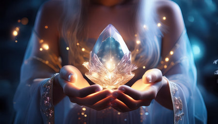 A female figure holds a shimmering gem, illuminating the twilight forest with magical sparks.の素材