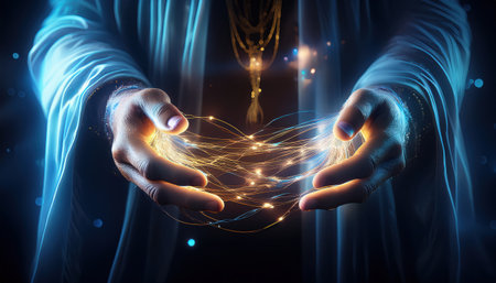 In an enchanting fantasy realm, glowing threads of light flow from mystical hands, casting a spell.の素材