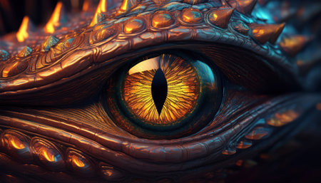 A majestic dragon's eye glows with vibrant colors, revealing ancient mysteries and wonder.の素材