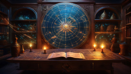 A grand study features a celestial map, glowing candles, and ancient books inviting adventure.の素材