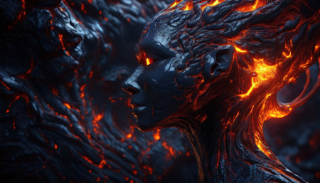 A fiery figure confronts a shadowy stone guardian in a mesmerizing underground world.の素材