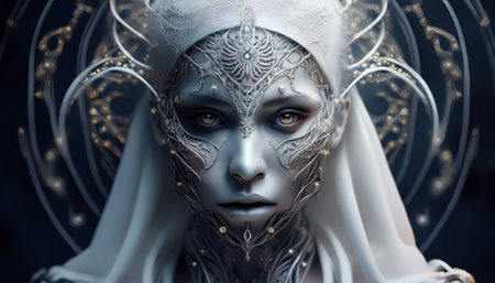 A mystical figure emerges, enveloped in ethereal silver markings and veils, radiating allure.の素材