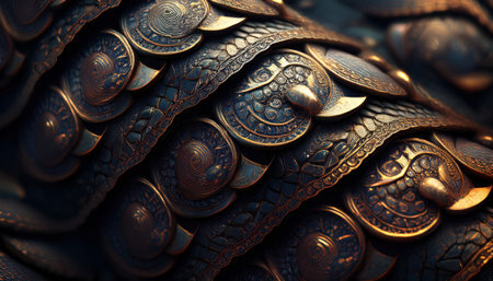 Ornate scales of a mythical armor reflect golden hues under an enchanting twilight.の素材