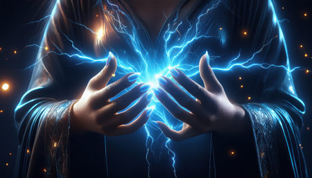 A powerful sorceress channels electric energy between her hands in an enchanting setting.の素材