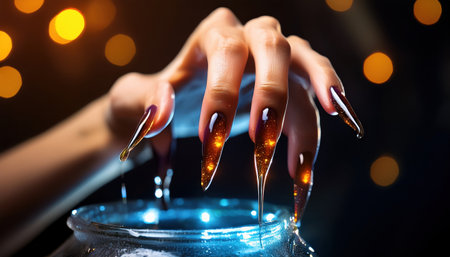 A sorceress reaches toward a luminous cauldron, casting spells amidst swirling energies.の素材