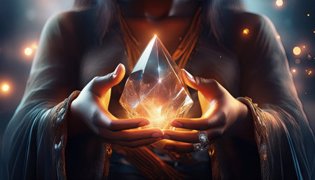 A powerful sorceress stands in an enchanting world, cradling a glowing crystal in her hands.の素材