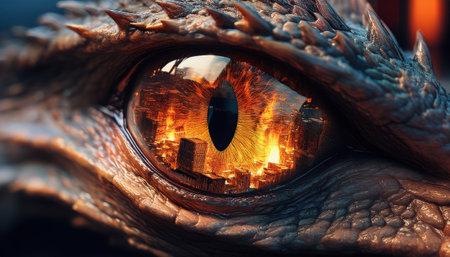 A stunning dragon eye reveals a fiery metropolis being consumed by flames, evoking wonder.の素材