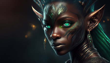 An enchanting elf with emerald eyes displays intricate designs on her face amidst magic.の素材