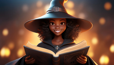 A young witch with curly hair enjoys reading spells by warm candlelight.の素材