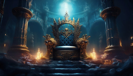 A grand throne adorned with gold sits amidst ancient stones, surrounded by an aura of magic.の素材