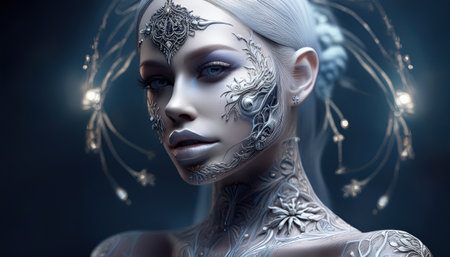 A mesmerizing figure with intricate facial art and glowing accents in a surreal setting.の素材