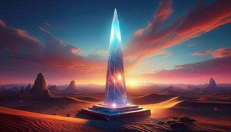 A stunning crystal obelisk stands tall in a mystical desert at dusk, glowing with vibrant colors.の素材
