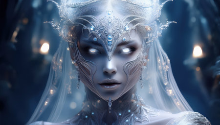 A mesmerizing frost queen stands gracefully, surrounded by shimmering ice and twilight hues.の素材
